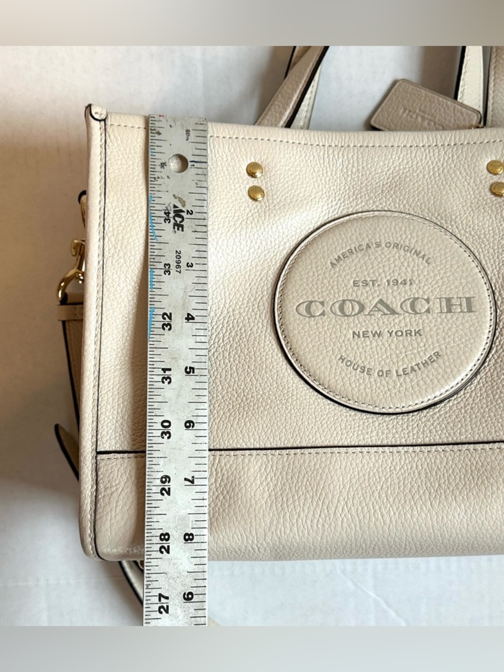 Coach Cream Leather Dempsey Tote Bag Boxy with Large Logo Detachable Strap Purse - Picture 12 of 12